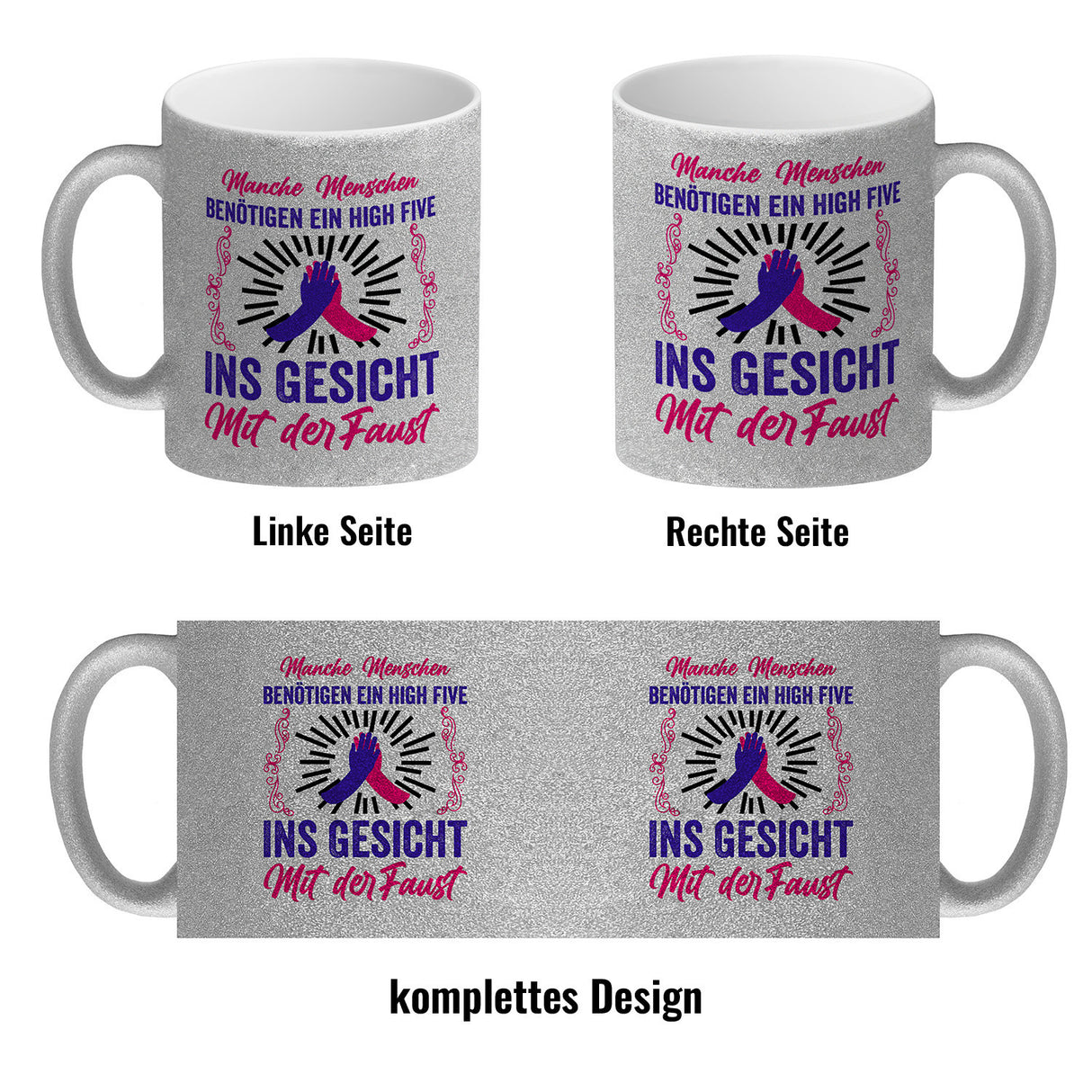 High Five Kaffeebecher mit Spruch: High Five ins Gesicht mit der Faust