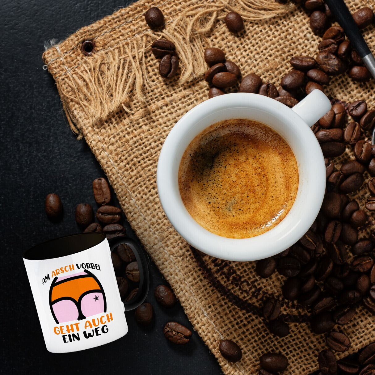 Hintern Kaffeebecher mit Spruch Am Arsch vorbei geht auch ein Weg