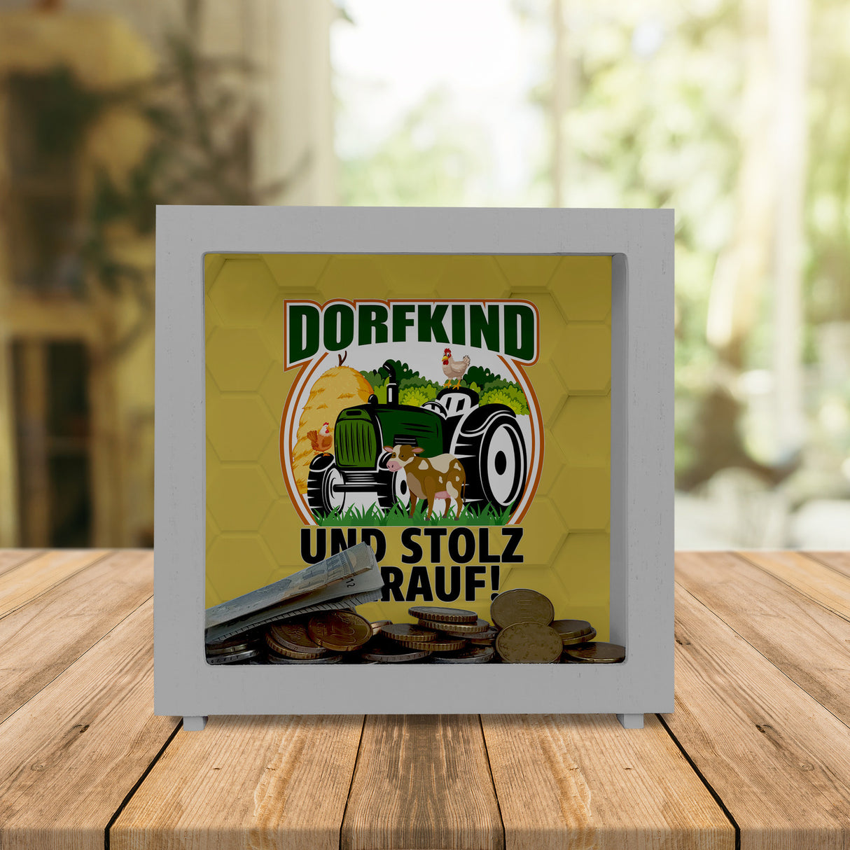 Dorf Spardose mit Spruch Dorfkind und stolz darauf