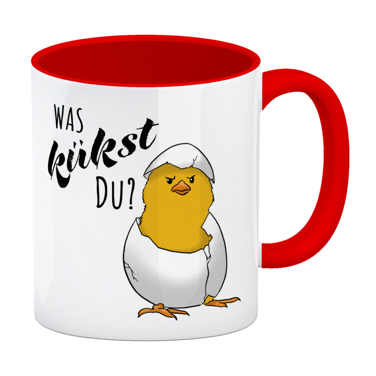 Was kükst du Kaffeebecher mit frechem Küken im Ei