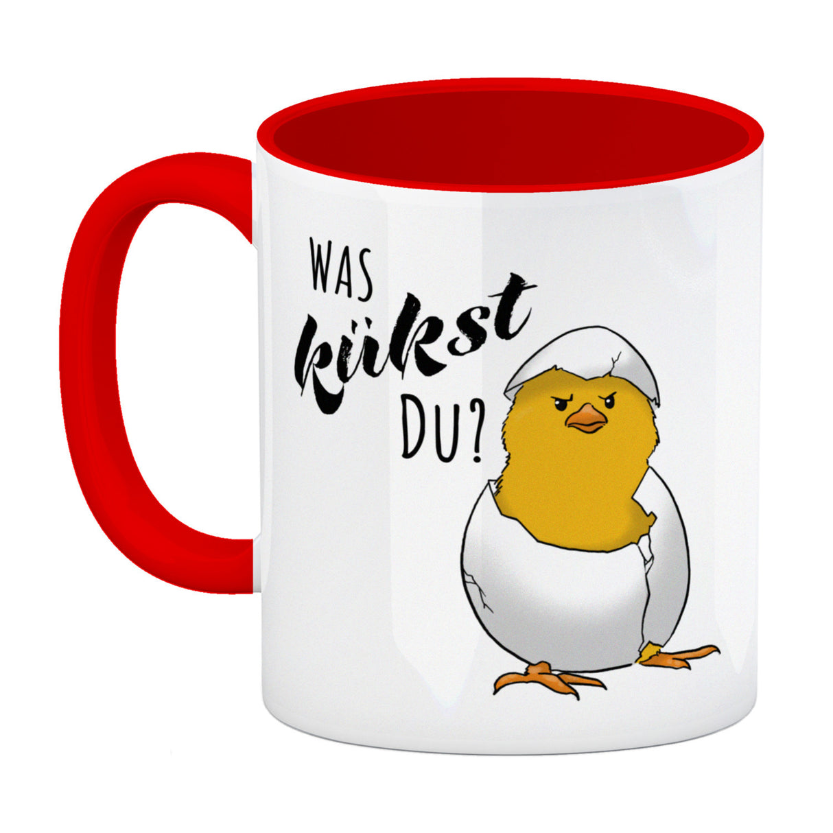 Was kükst du Kaffeebecher mit frechem Küken im Ei