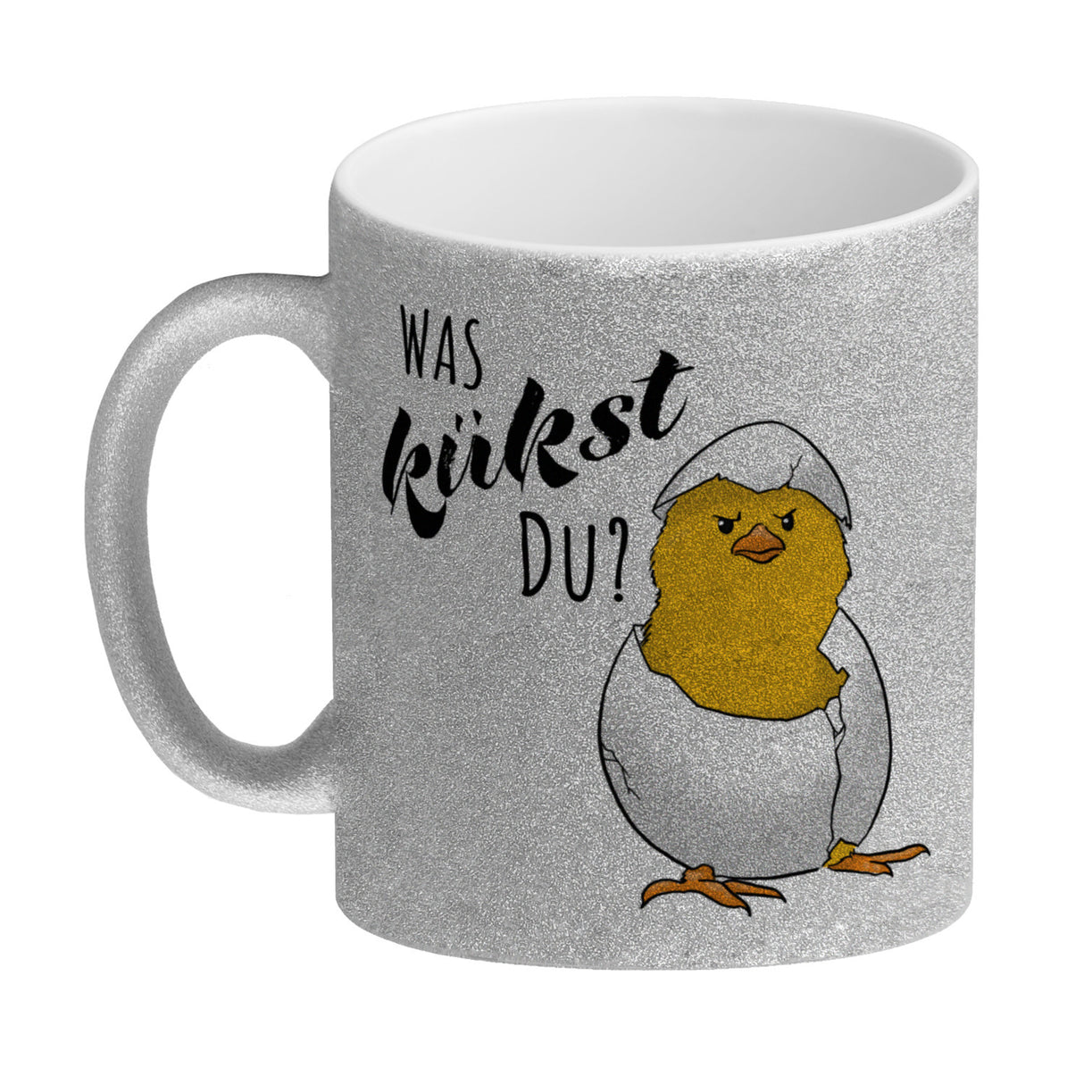 Was kükst du Kaffeebecher mit frechem Küken im Ei