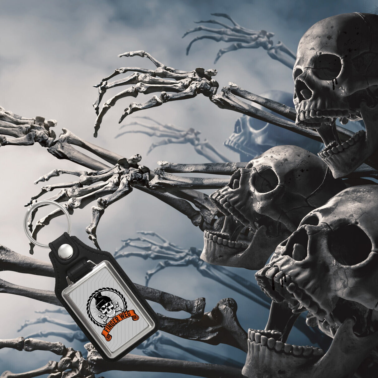 Totenkopf Schlüsselanhänger Finger weg mit grauem Hintergrund