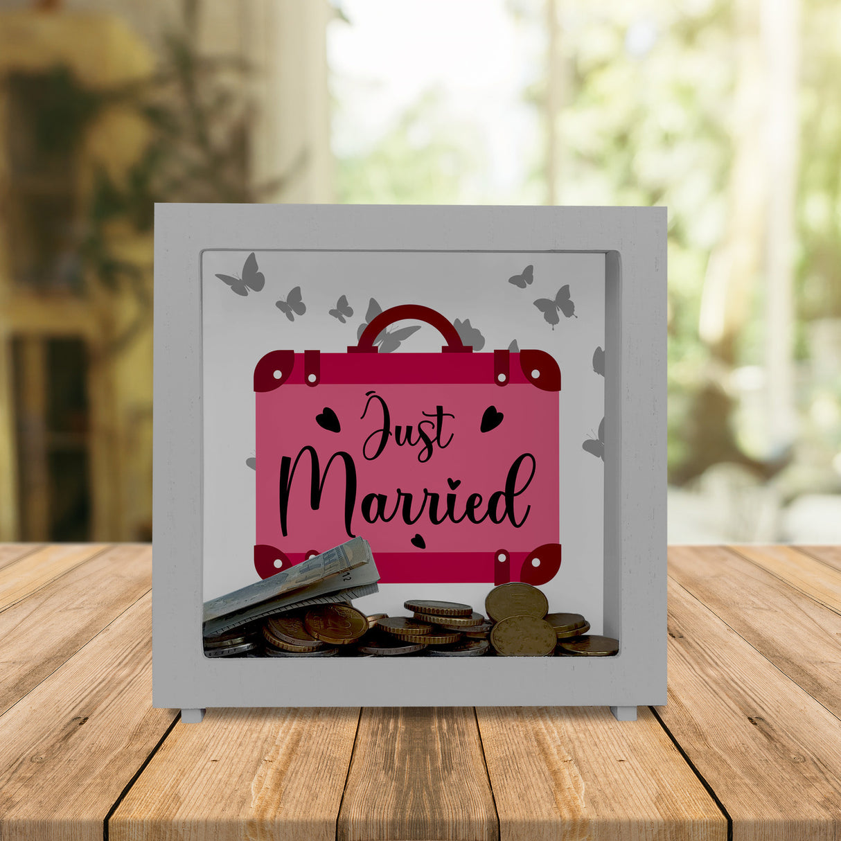 Just married Hochzeit Spardose mit pinkem Koffer