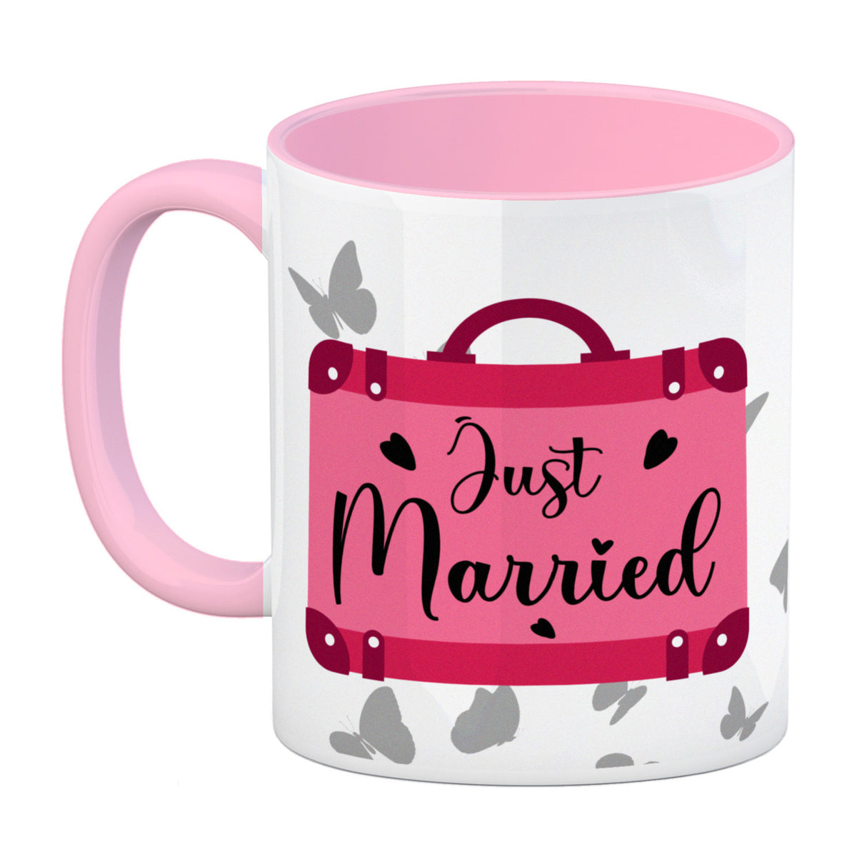 Just married Hochzeit Kaffeebecher mit pinkem Koffer