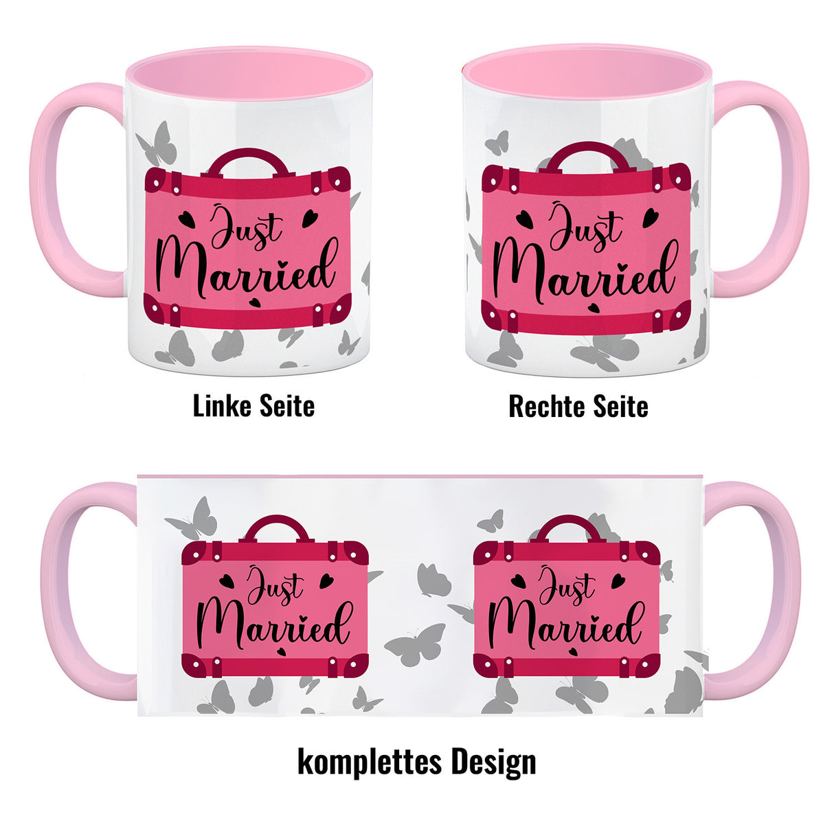 Just married Hochzeit Kaffeebecher mit pinkem Koffer