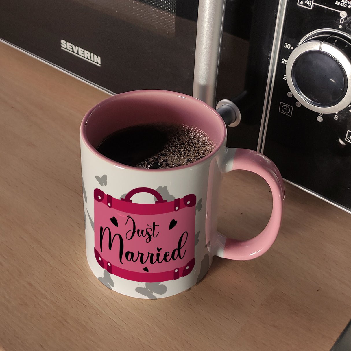 Just married Hochzeit Kaffeebecher mit pinkem Koffer