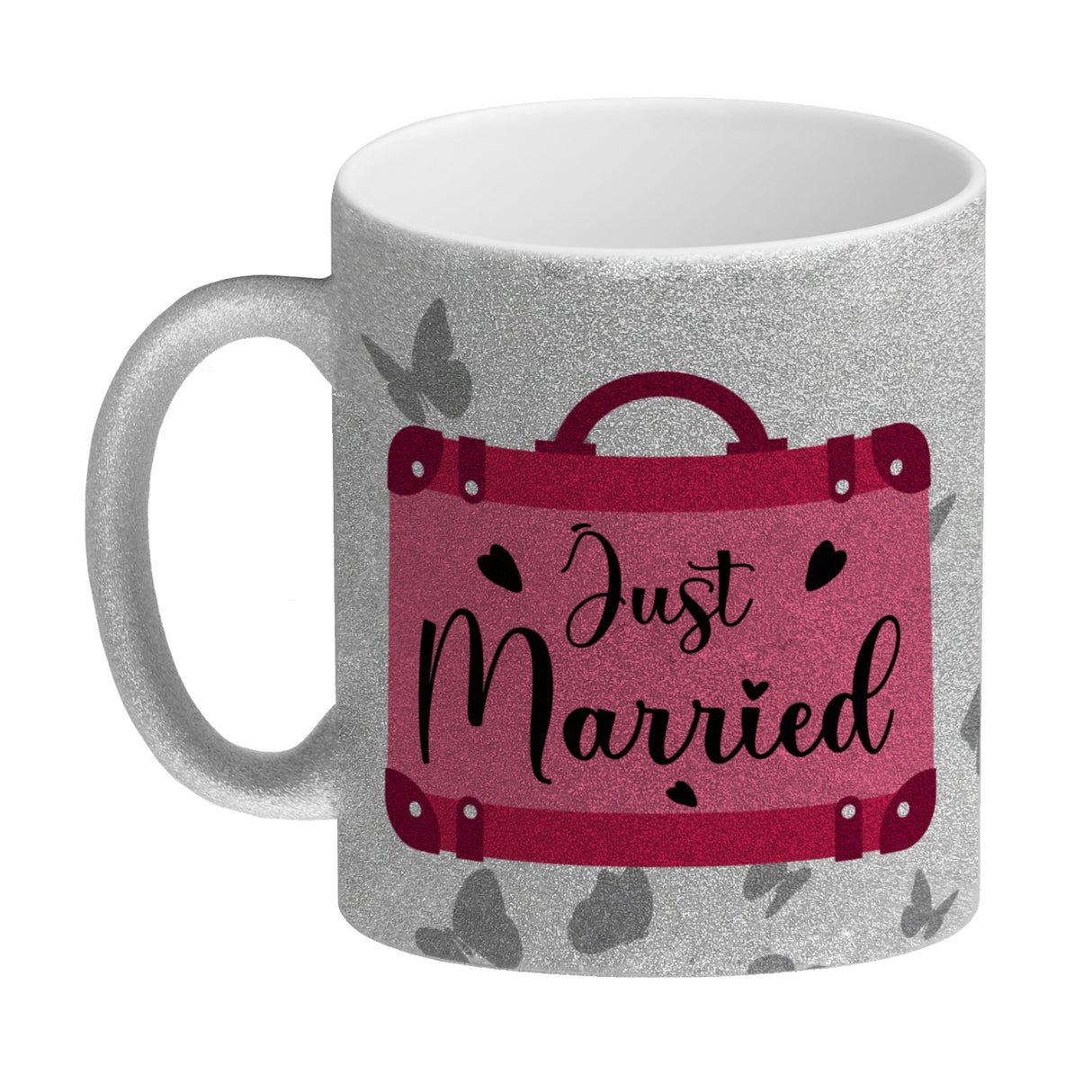 Just married Hochzeit Kaffeebecher mit pinkem Koffer