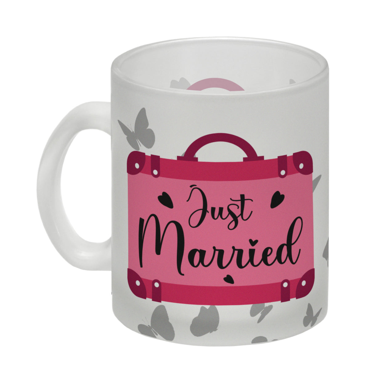 Just married Hochzeit Kaffeebecher mit pinkem Koffer