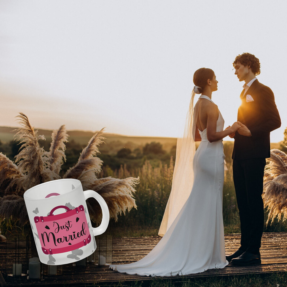 Just married Hochzeit Kaffeebecher mit pinkem Koffer