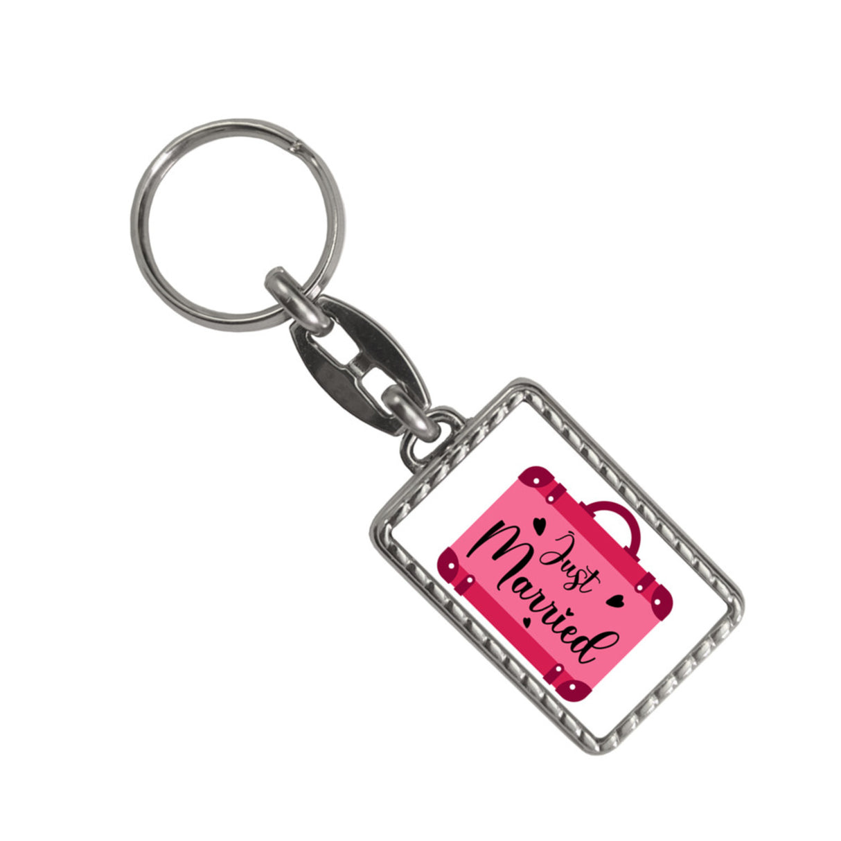 Just married Hochzeit Schlüsselanhänger mit pinken Koffer