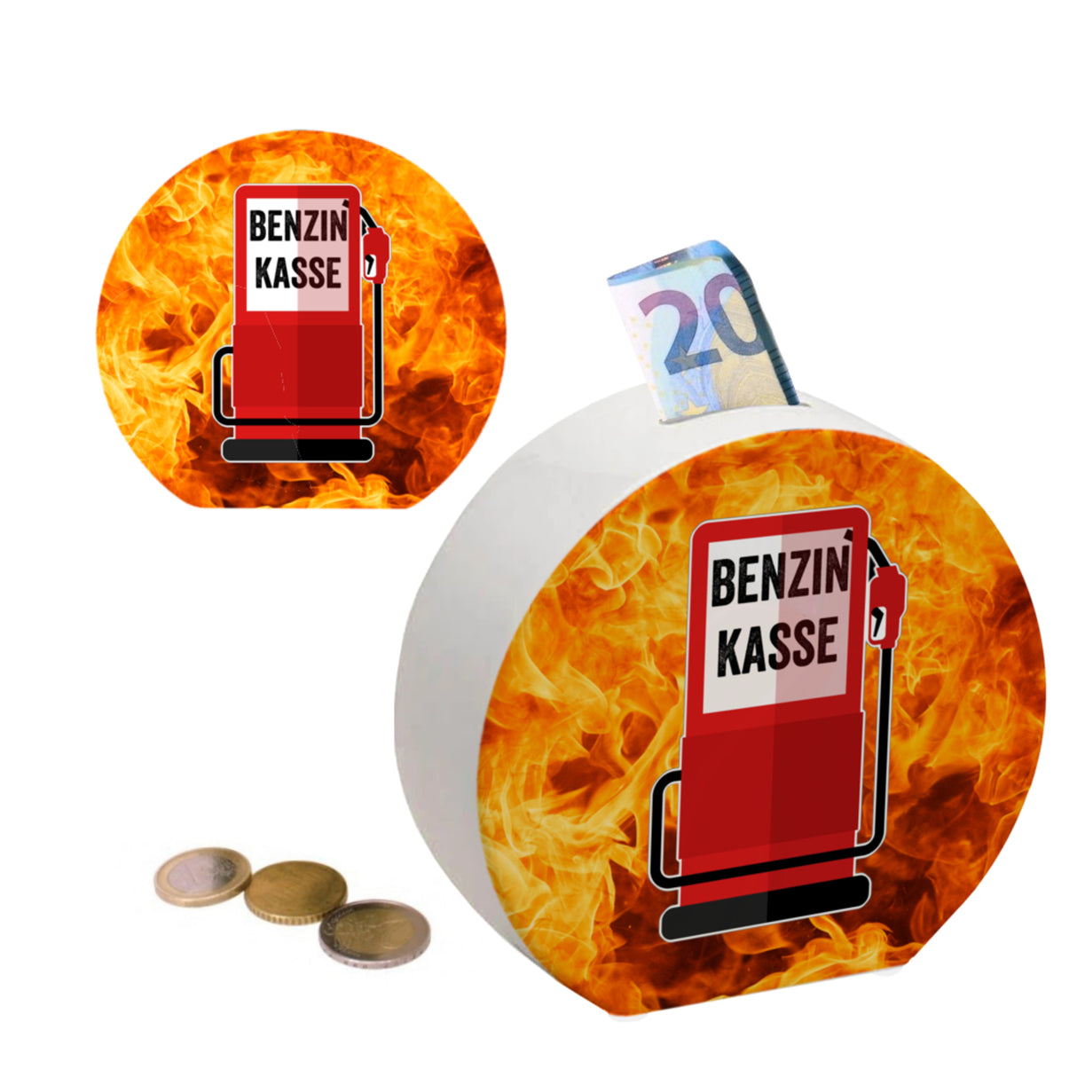 Benzinkasse Zapfsäule Spardose mit grauem Hintergrund
