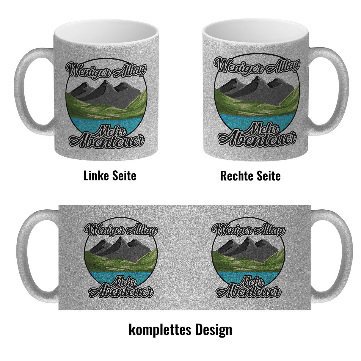 Berge und See Kaffeebecher mit Spruch Weniger Alltag mehr Abenteuer