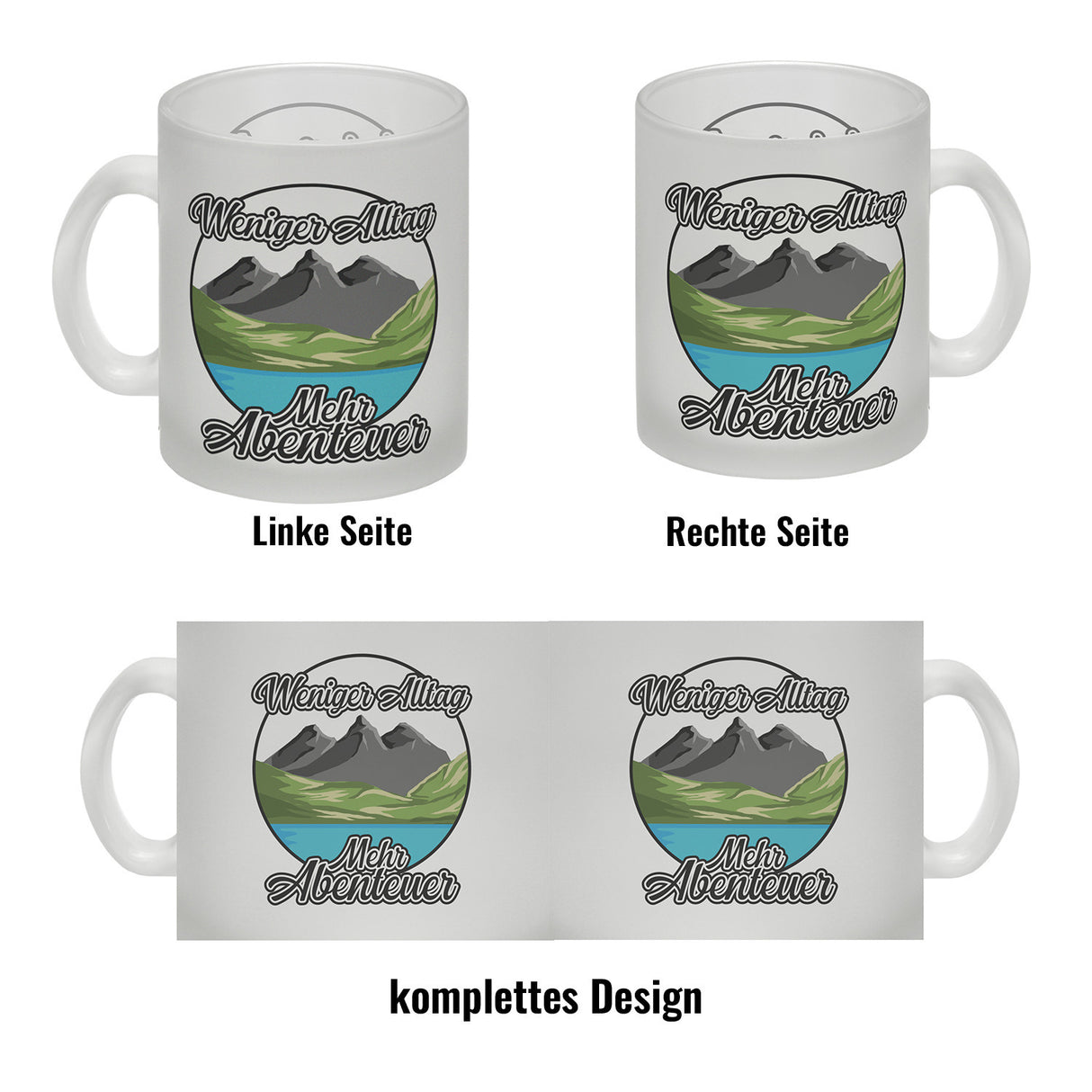 Berge und See Kaffeebecher mit Spruch Weniger Alltag mehr Abenteuer