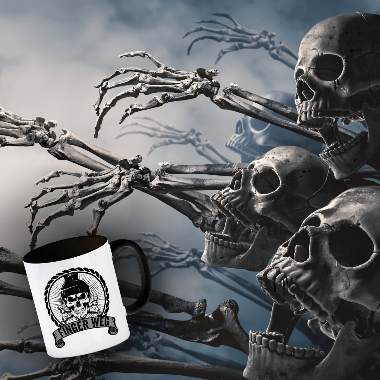 Totenkopf Finger Weg Kaffeebecher mit Banderole