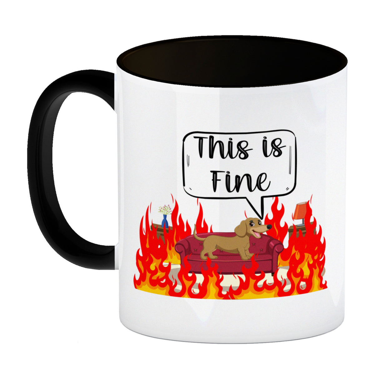 This is fine Kaffeebecher Hund in brennendem Wohnzimmer