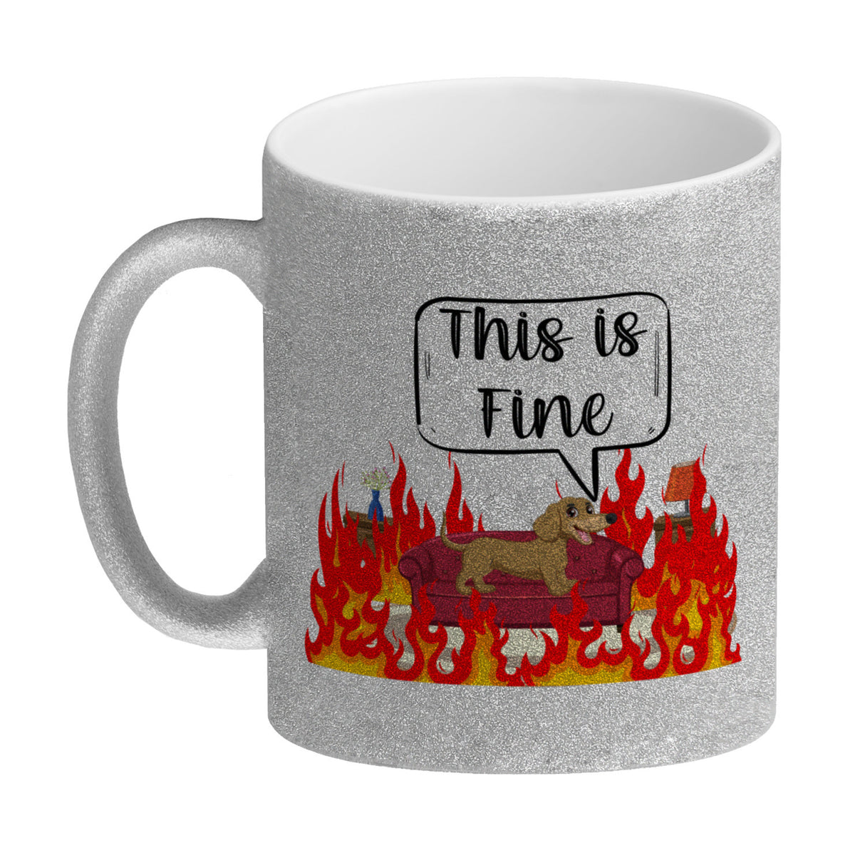 This is fine Kaffeebecher Hund in brennendem Wohnzimmer