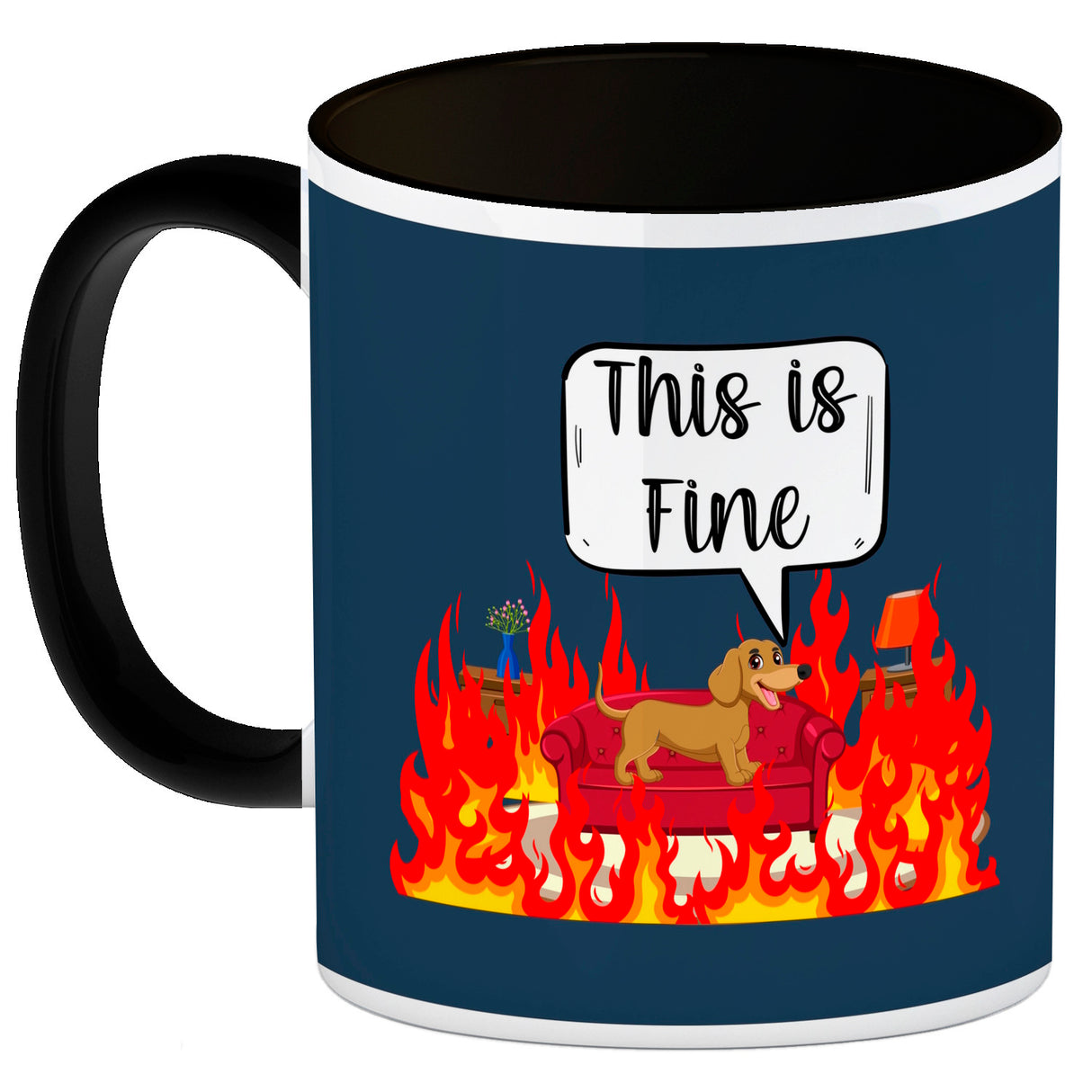This is fine Kaffeebecher Hund in brennendem Wohnzimmer