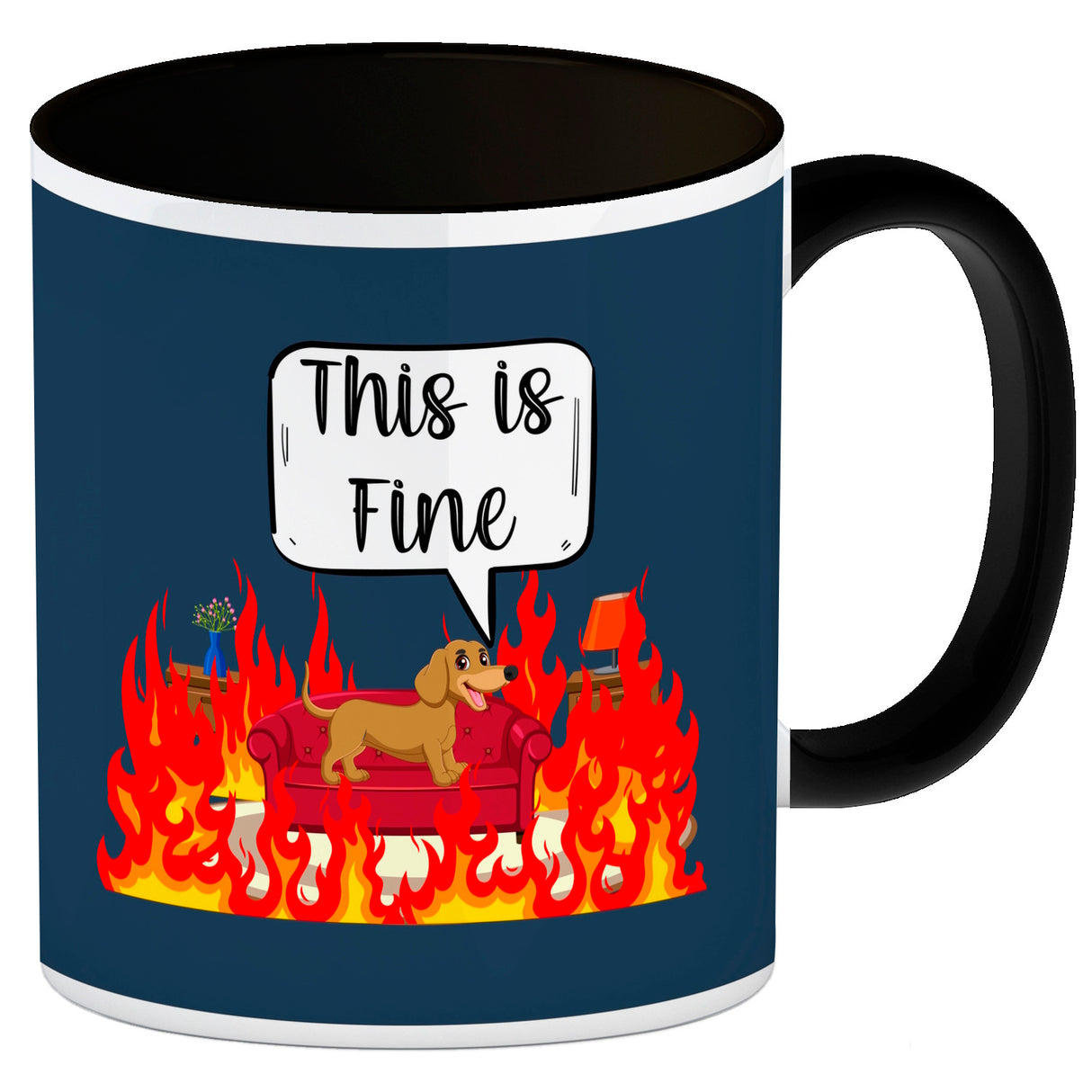 This is fine Kaffeebecher Hund in brennendem Wohnzimmer