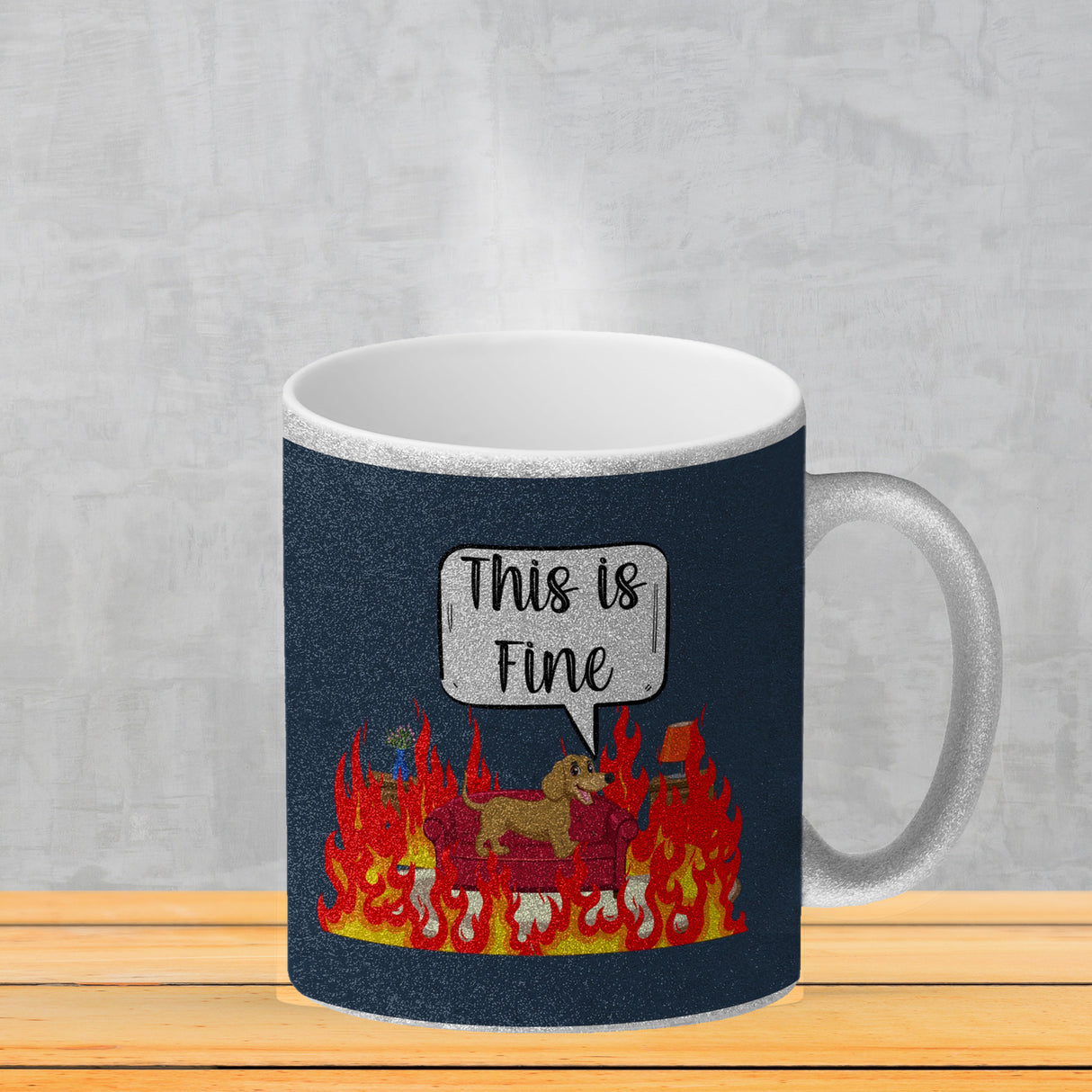This is fine Kaffeebecher Hund in brennendem Wohnzimmer