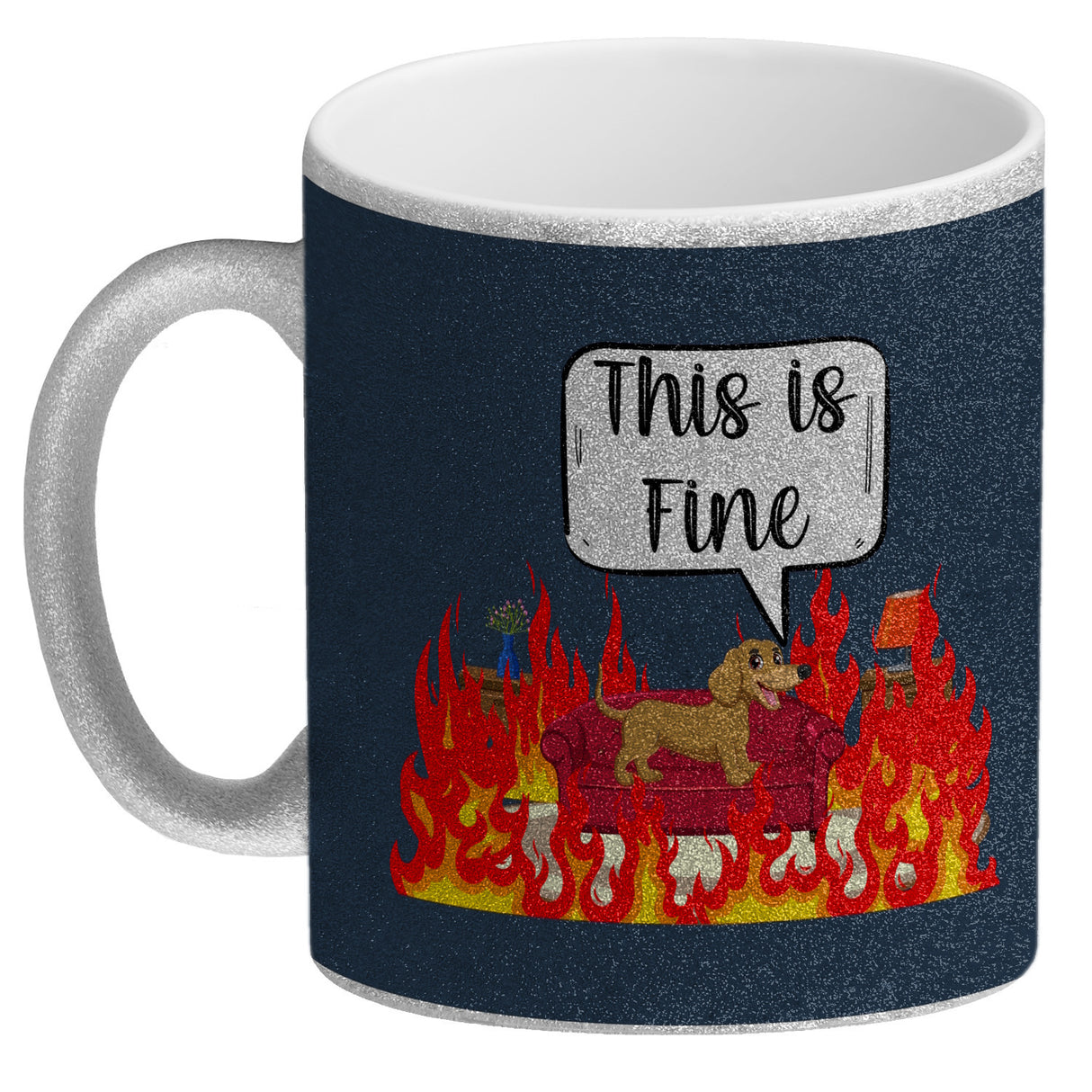 This is fine Kaffeebecher Hund in brennendem Wohnzimmer