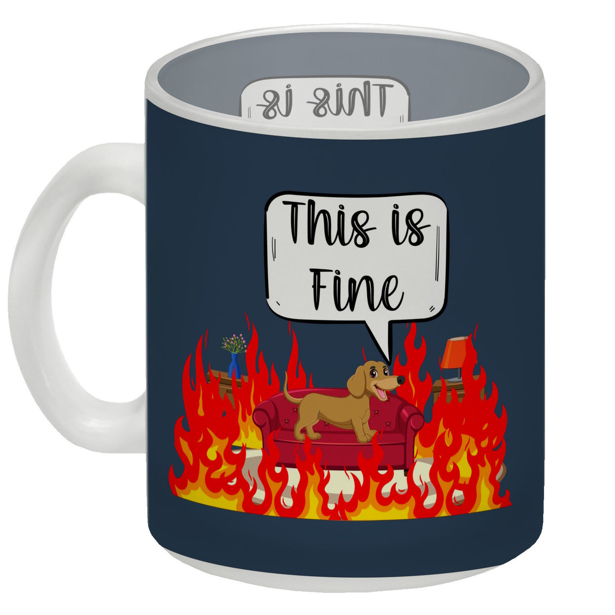 This is fine Kaffeebecher Hund in brennendem Wohnzimmer