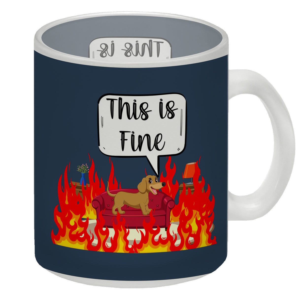 This is fine Kaffeebecher Hund in brennendem Wohnzimmer