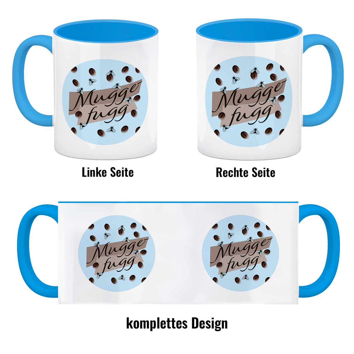 Muggefugg Malzkaffee Kaffeebecher mit Kaffeebohnen und Fliegen blau