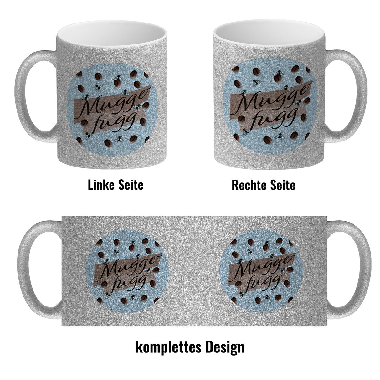 Muggefugg Malzkaffee Kaffeebecher mit Kaffeebohnen und Fliegen blau