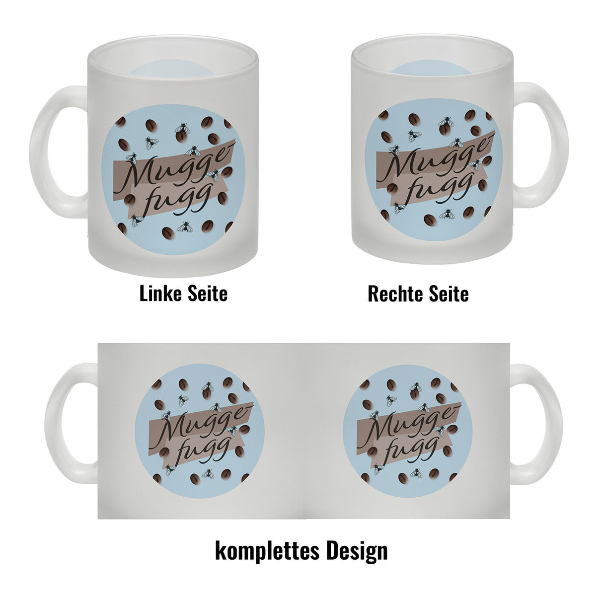 Muggefugg Malzkaffee Kaffeebecher mit Kaffeebohnen und Fliegen blau