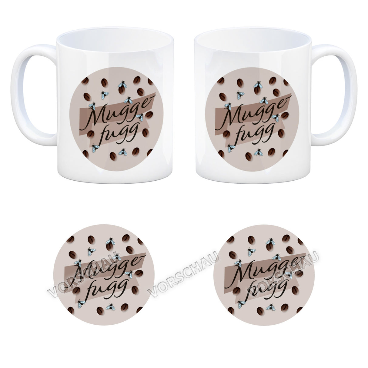 Muggefugg Malzkaffee Kaffeebecher mit Kaffeebohnen und Fliegen blau