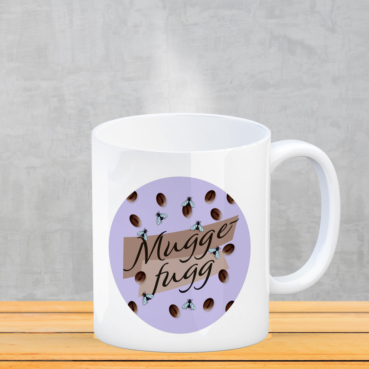 Muggefugg Malzkaffee Kaffeebecher mit Kaffeebohnen und Fliegen blau