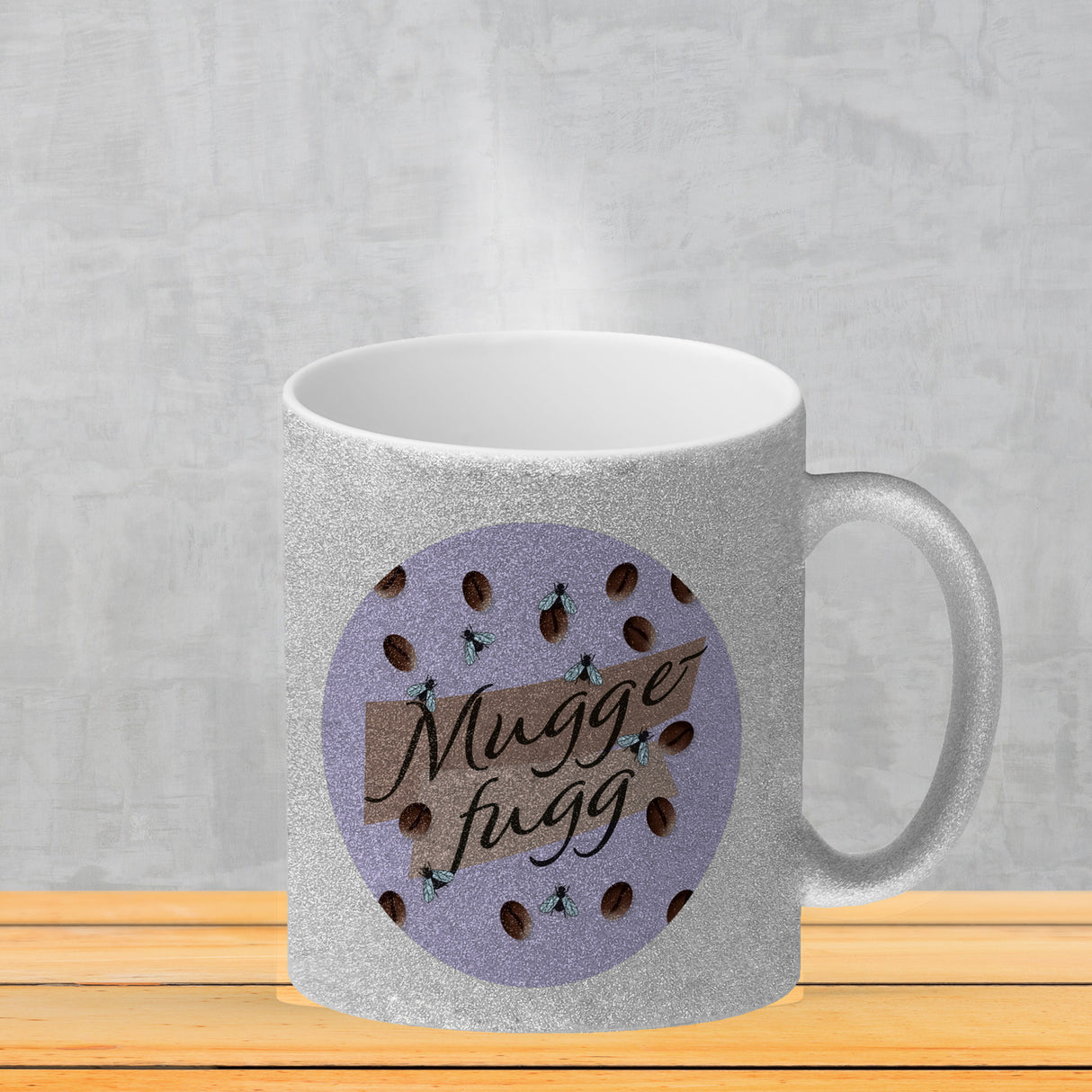 Muggefugg Malzkaffee Kaffeebecher mit Kaffeebohnen und Fliegen blau