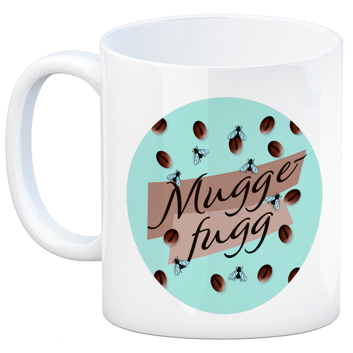 Muggefugg Malzkaffee Kaffeebecher mit Kaffeebohnen und Fliegen blau