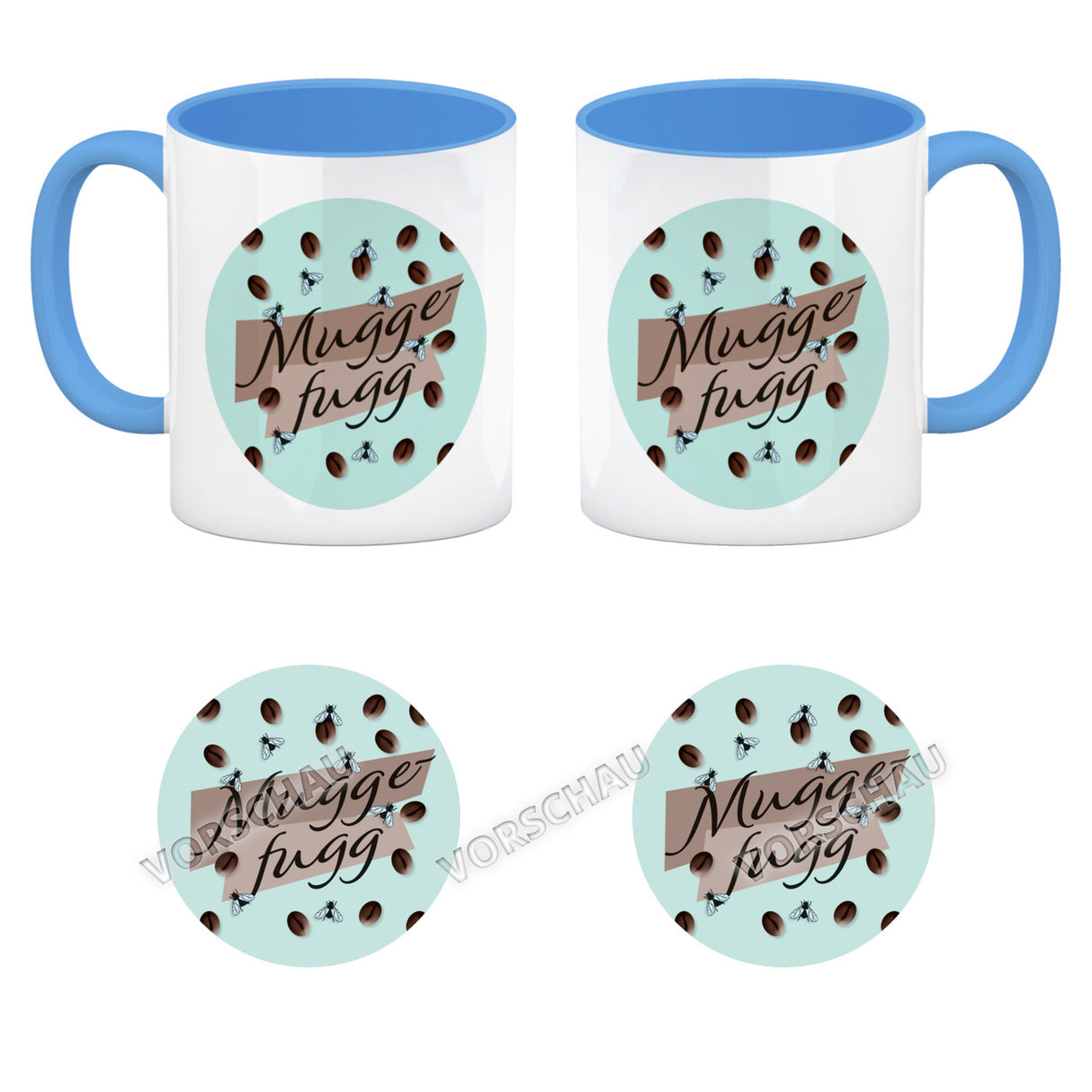Muggefugg Malzkaffee Kaffeebecher mit Kaffeebohnen und Fliegen blau