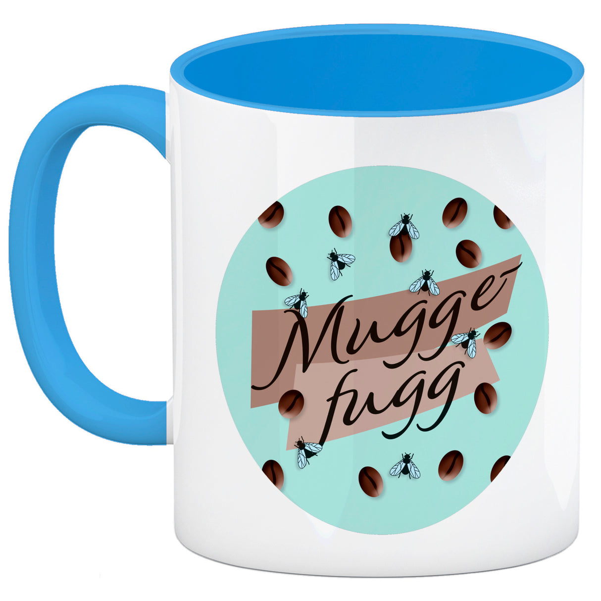 Muggefugg Malzkaffee Kaffeebecher mit Kaffeebohnen und Fliegen blau