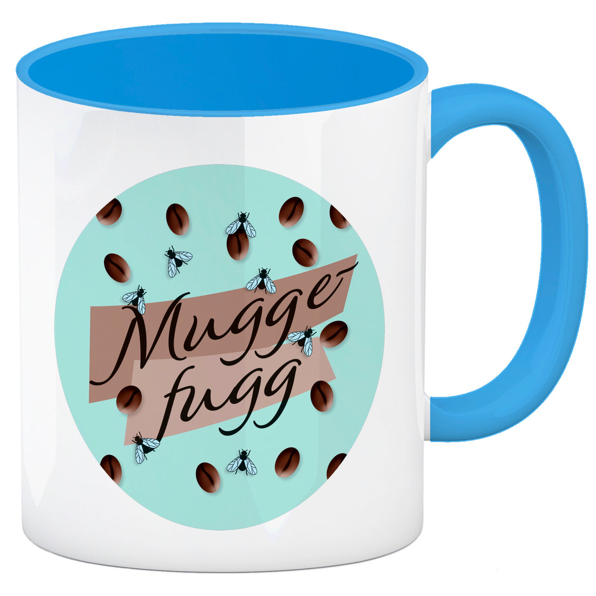 Muggefugg Malzkaffee Kaffeebecher mit Kaffeebohnen und Fliegen blau