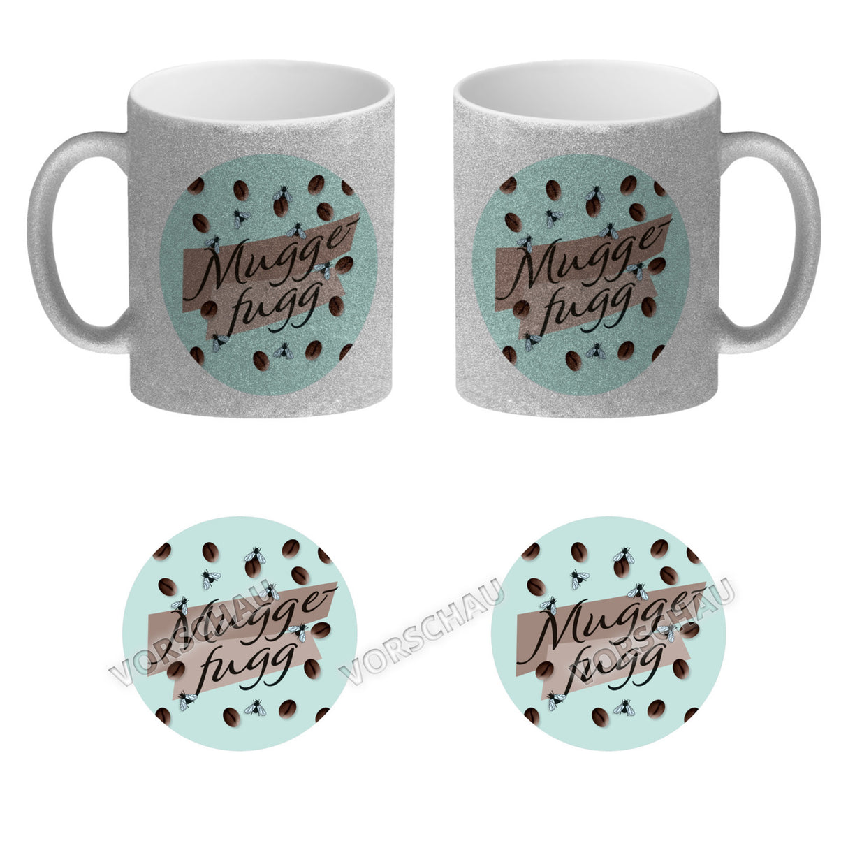 Muggefugg Malzkaffee Kaffeebecher mit Kaffeebohnen und Fliegen blau