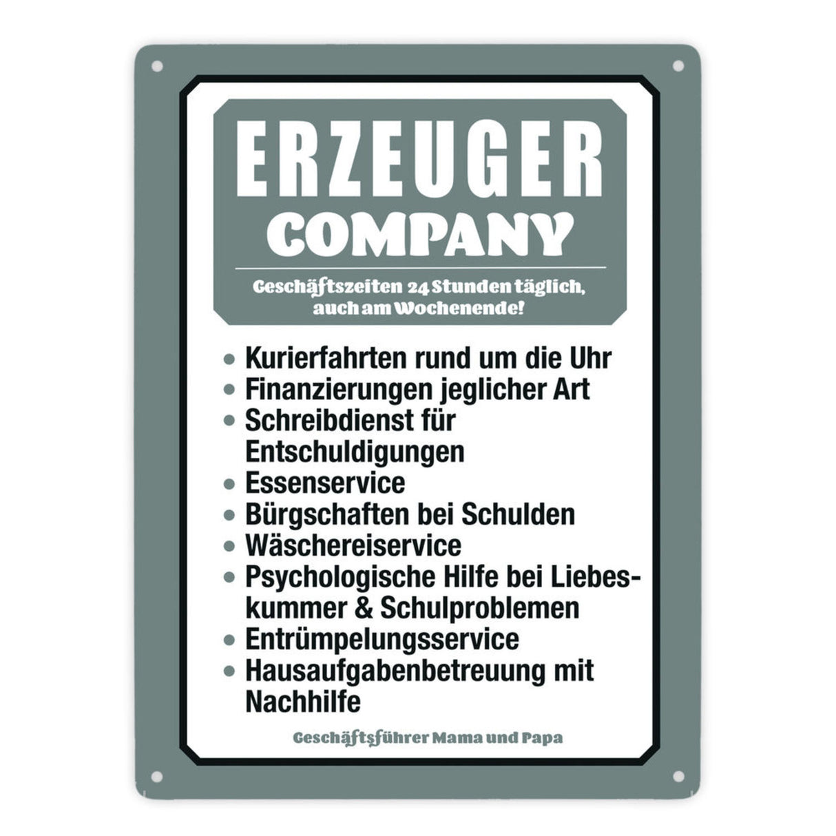 Erzeuger Company Metallschild in türkis für Eltern