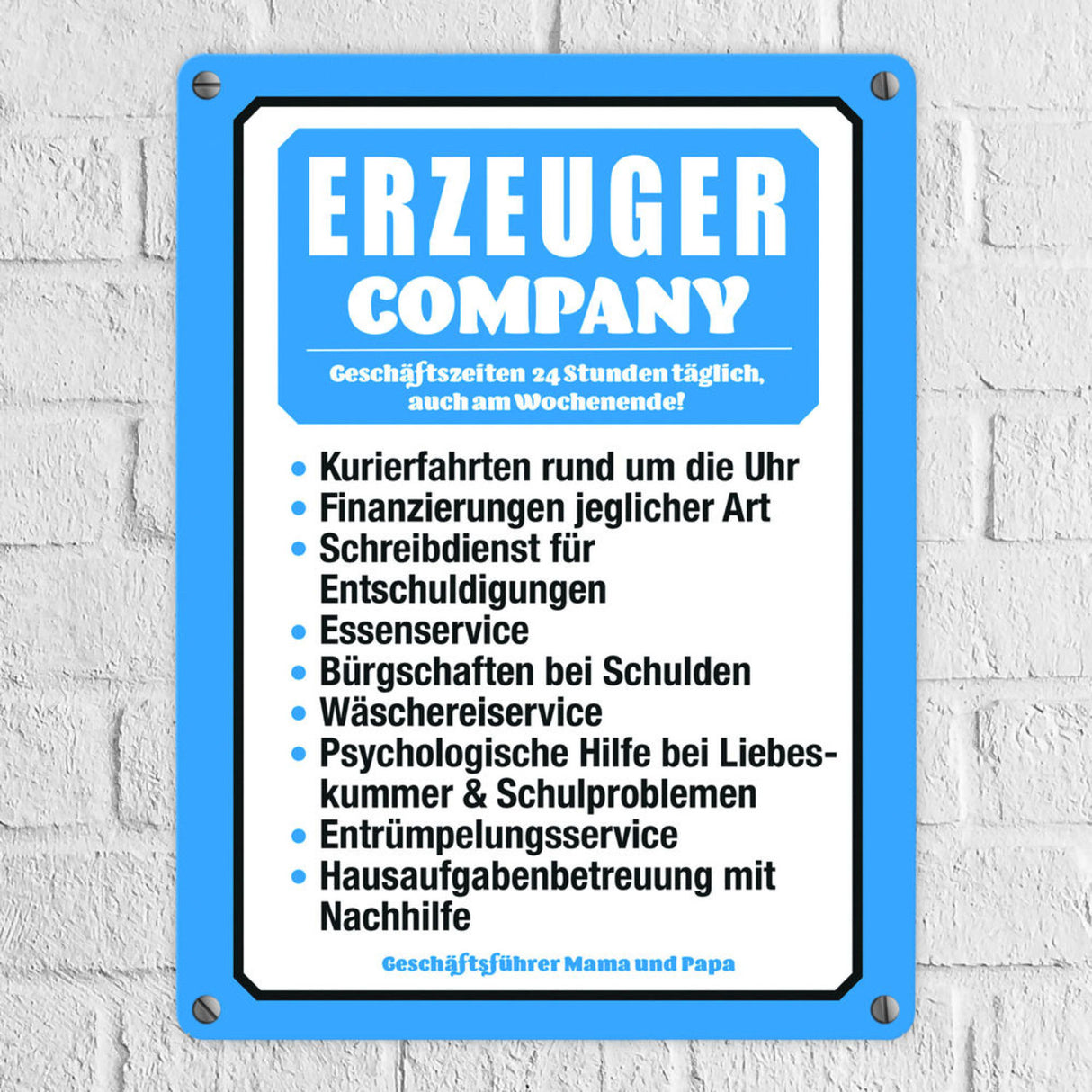 Erzeuger Company Metallschild in türkis für Eltern