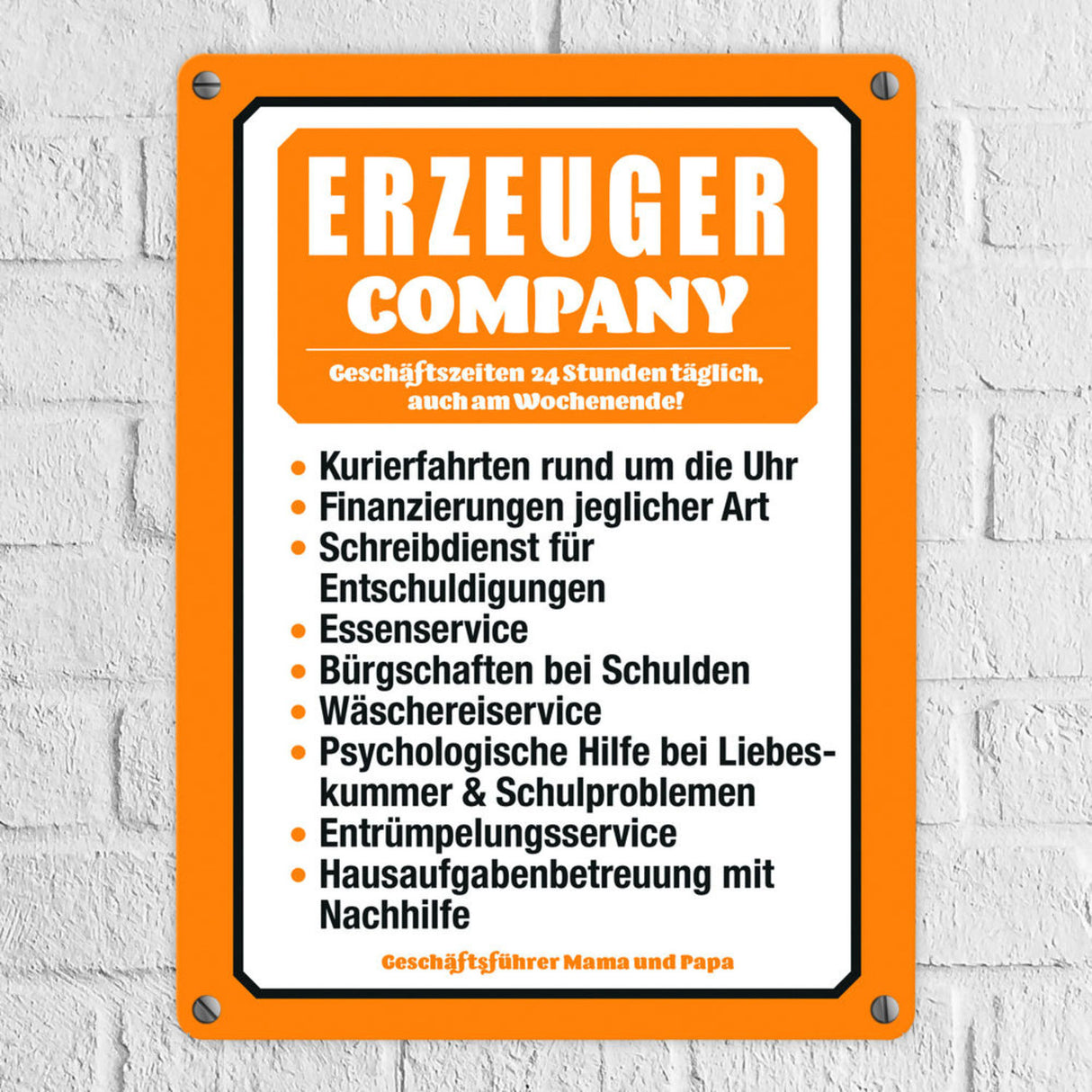 Erzeuger Company Metallschild in türkis für Eltern