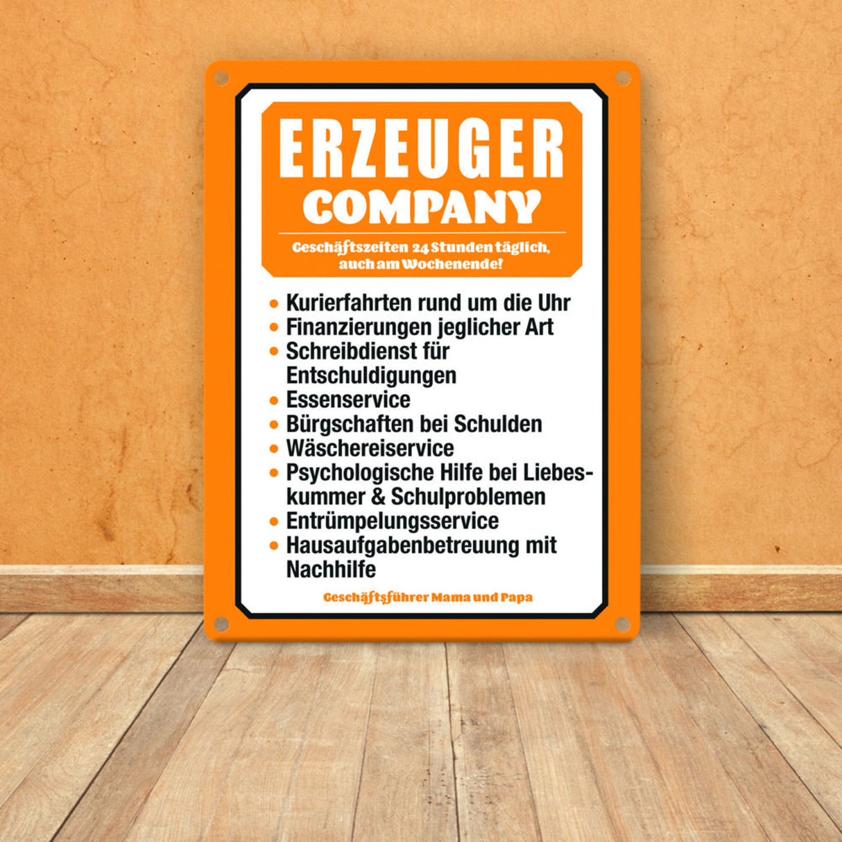 Erzeuger Company Metallschild in türkis für Eltern