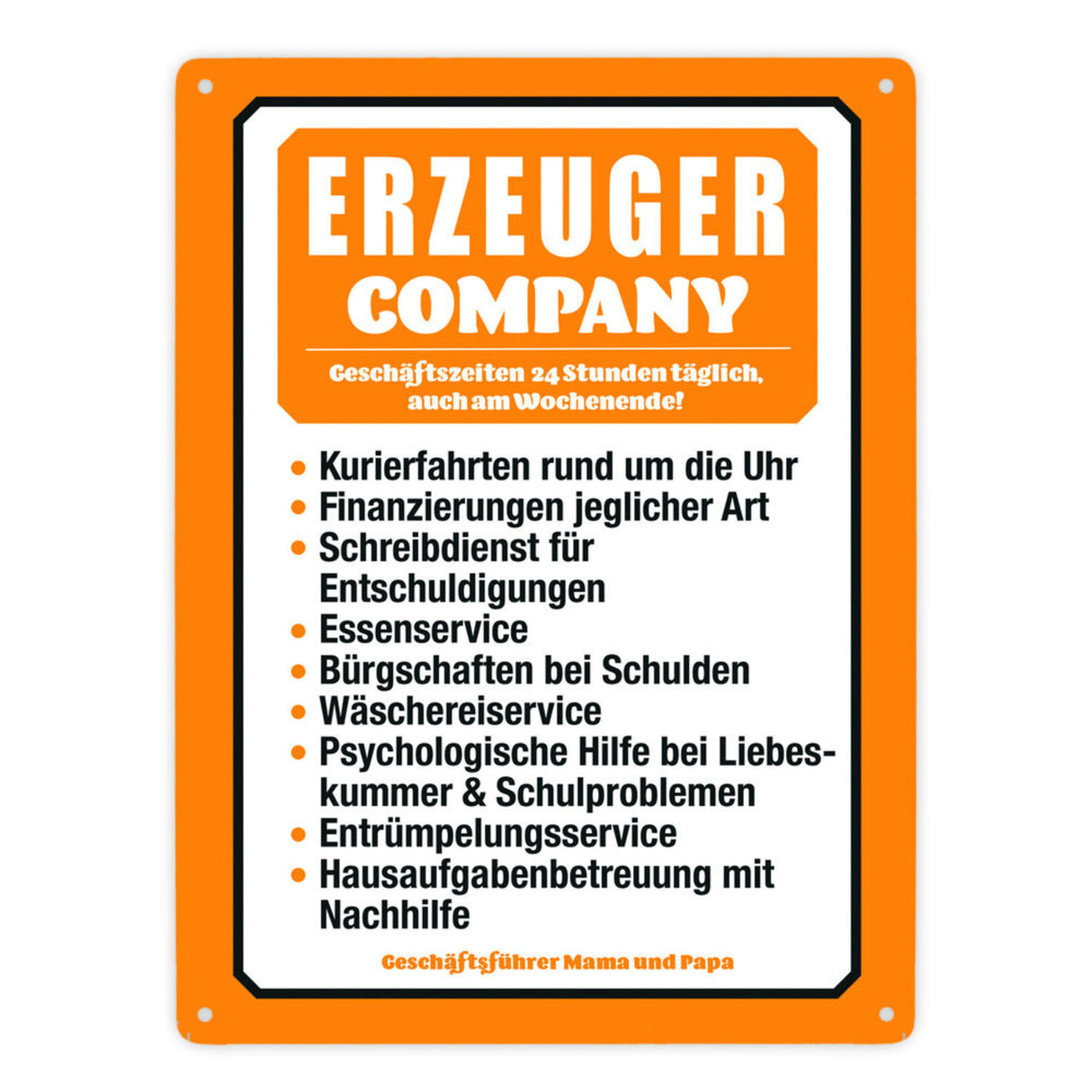 Erzeuger Company Metallschild in türkis für Eltern