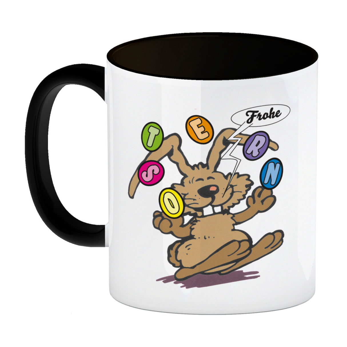 Frohe Ostern! Osterhase jongliert mit Ostereiern Kaffeebecher in {weiß}