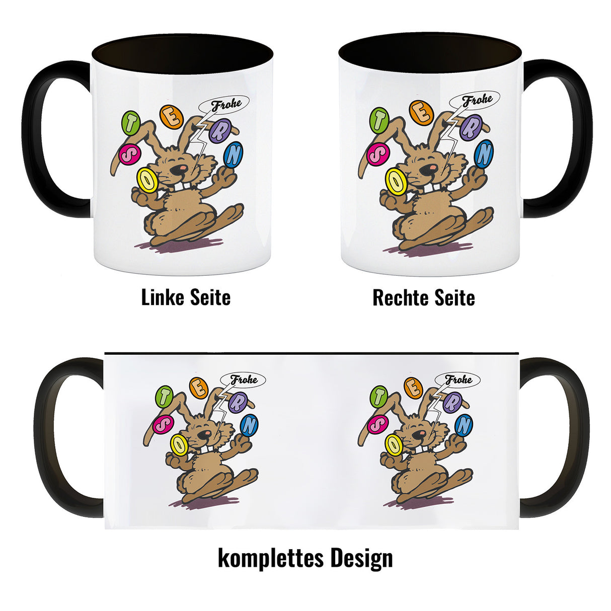 Frohe Ostern! Osterhase jongliert mit Ostereiern Kaffeebecher in {weiß}