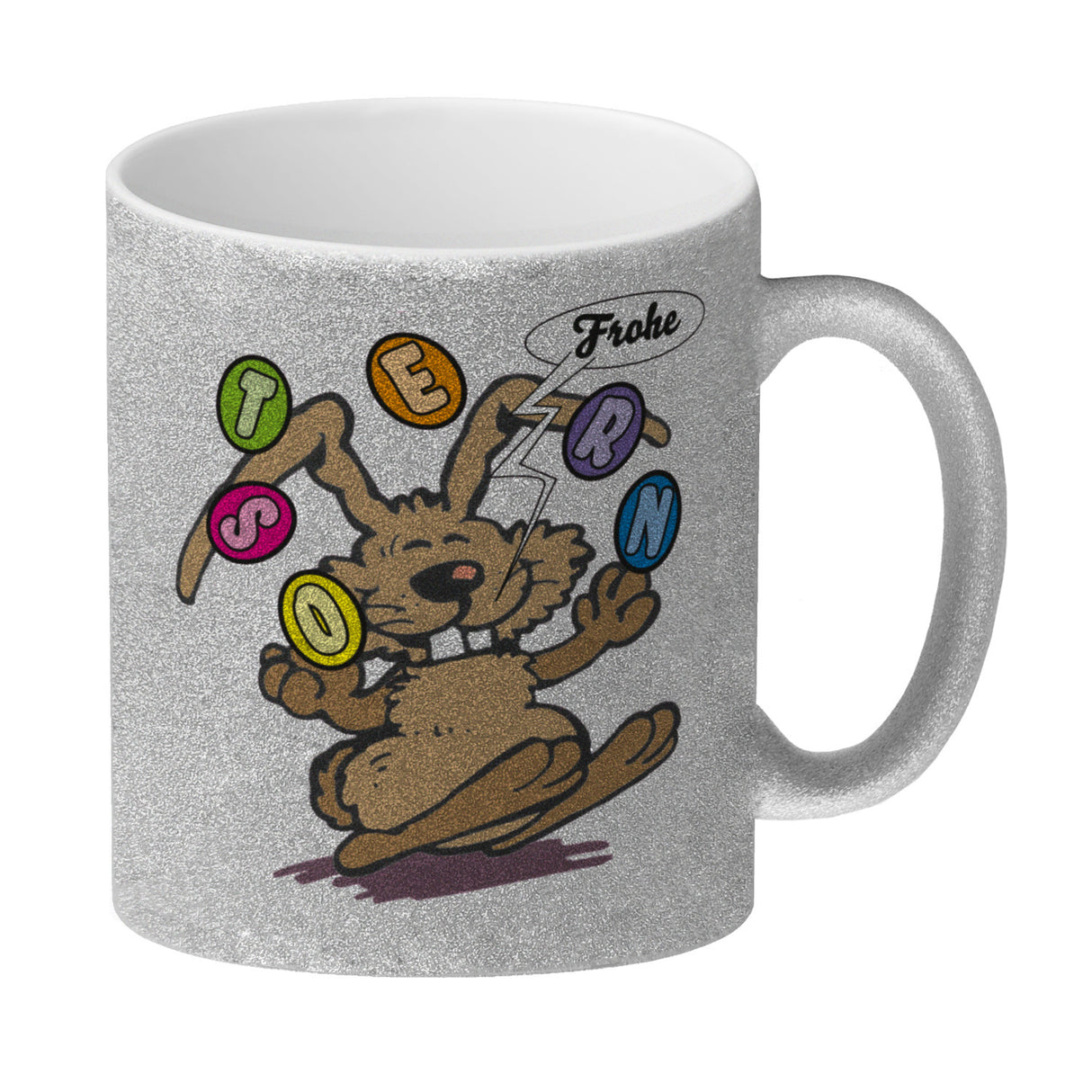 Frohe Ostern! Osterhase jongliert mit Ostereiern Kaffeebecher in {weiß}