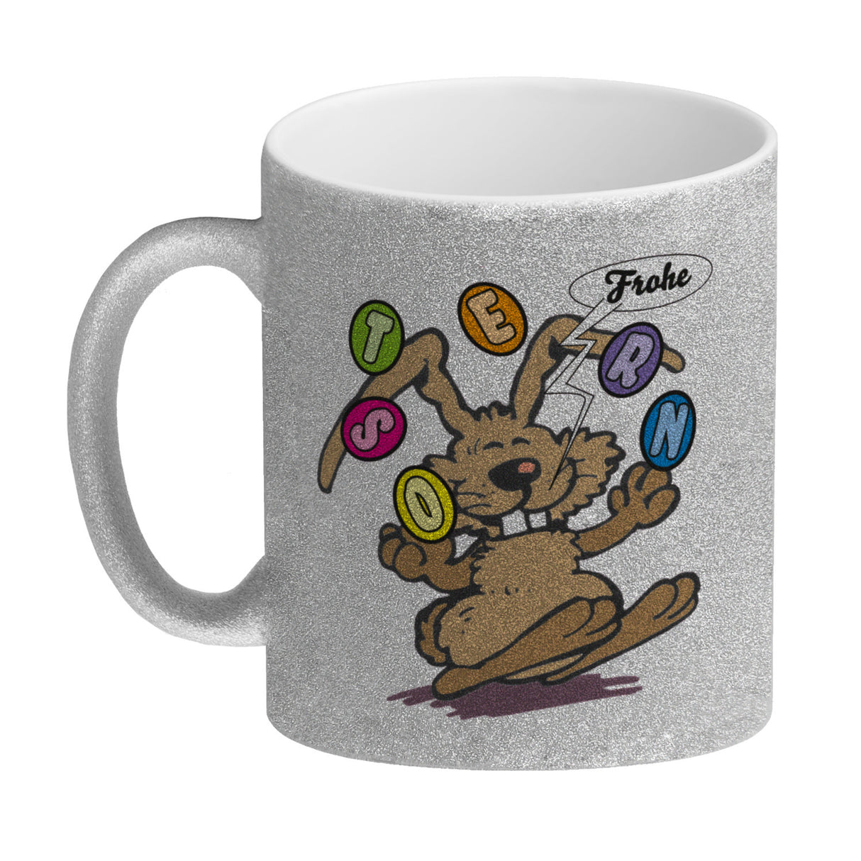 Frohe Ostern! Osterhase jongliert mit Ostereiern Kaffeebecher in {weiß}