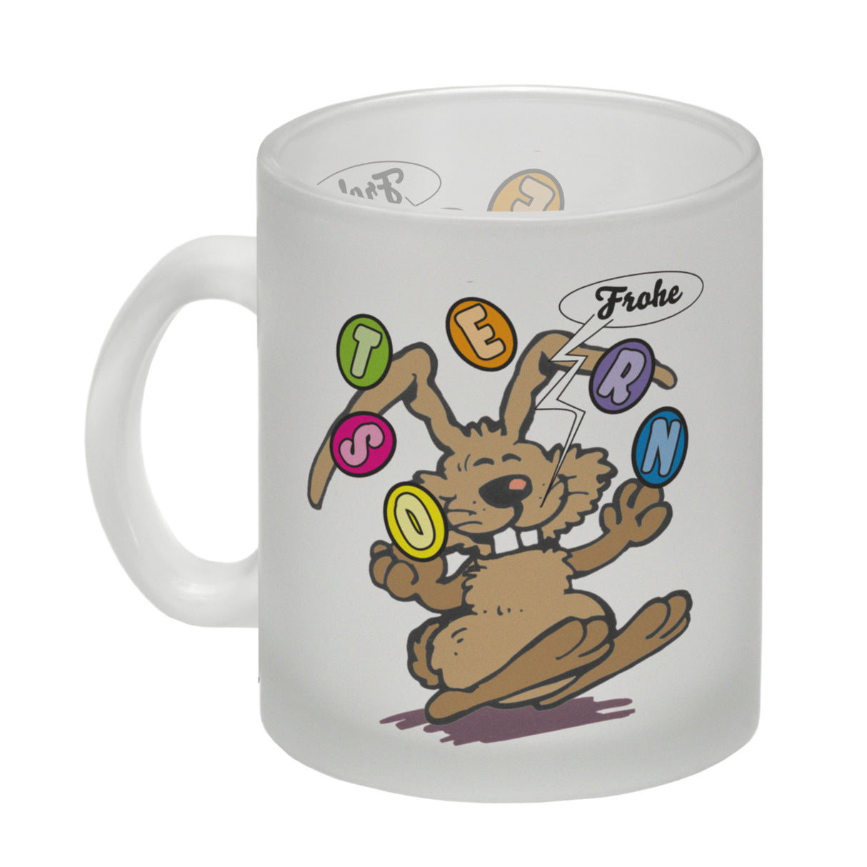Frohe Ostern! Osterhase jongliert mit Ostereiern Kaffeebecher in {weiß}