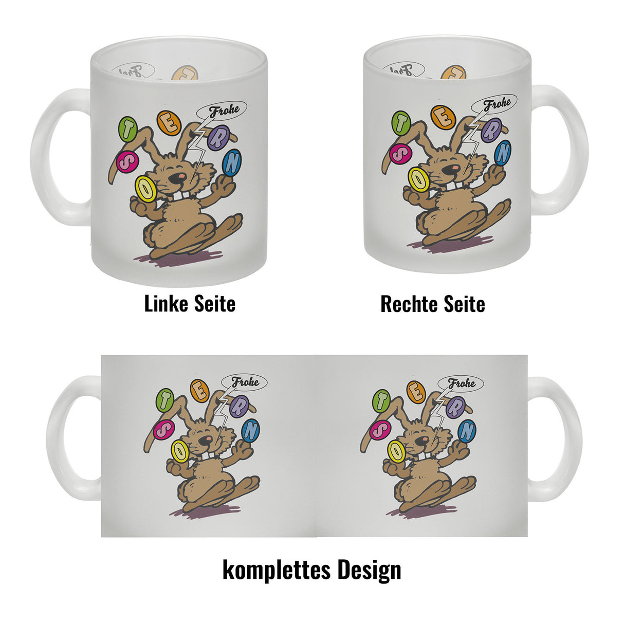 Frohe Ostern! Osterhase jongliert mit Ostereiern Kaffeebecher in {weiß}