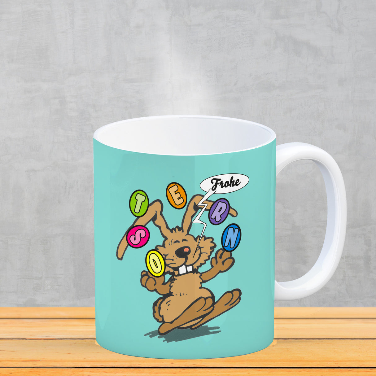 Frohe Ostern! Osterhase jongliert mit Ostereiern Kaffeebecher in {weiß}